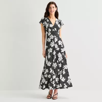 MSK Womens V Neck Short Sleeve Flutter Maxi Dress