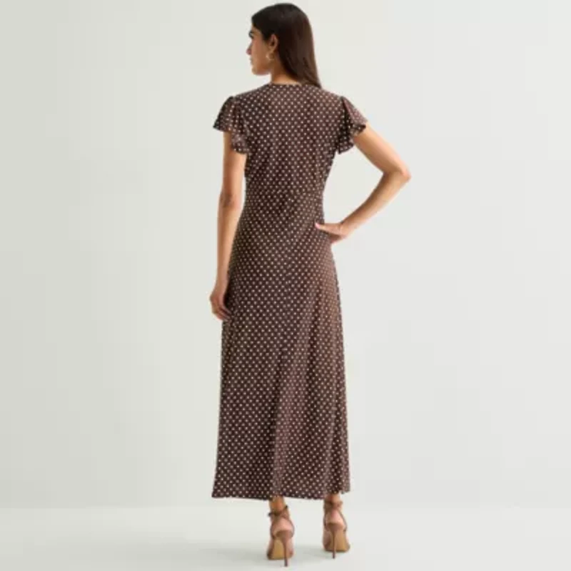 MSK Womens V Neck Short Sleeve Flutter Maxi Dress