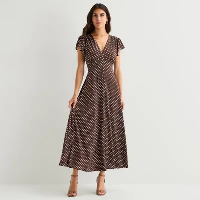 MSK Womens V Neck Short Sleeve Flutter Maxi Dress