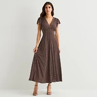 MSK Womens V Neck Short Sleeve Flutter Maxi Dress