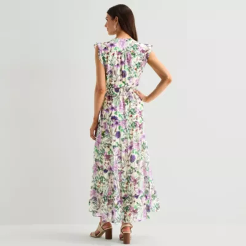 MSK Womens V Neck Sleeveless Flutter Maxi Dress