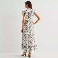 MSK Womens V Neck Sleeveless Flutter Maxi Dress