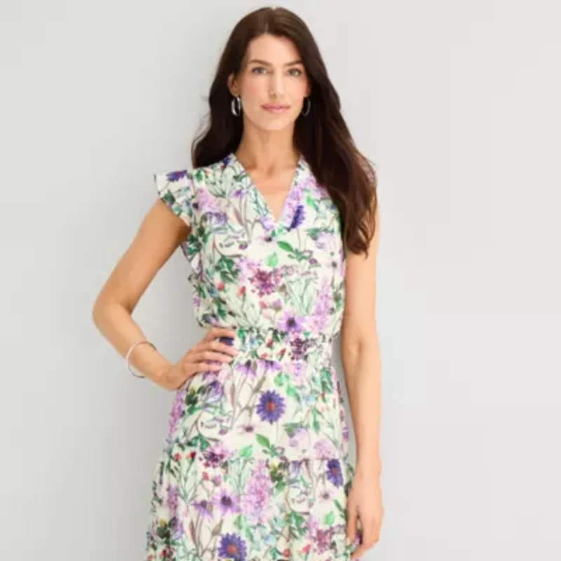 MSK Womens V Neck Sleeveless Flutter Maxi Dress