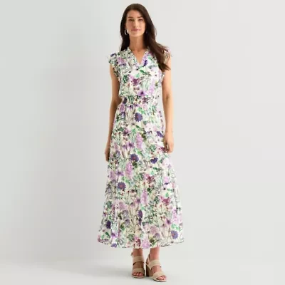 MSK Womens V Neck Sleeveless Flutter Maxi Dress