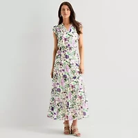 MSK Womens V Neck Sleeveless Flutter Maxi Dress