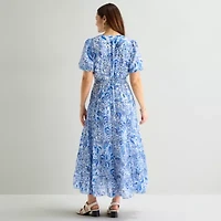 MSK Womens V Neck Short Sleeve Puffed Maxi Dress