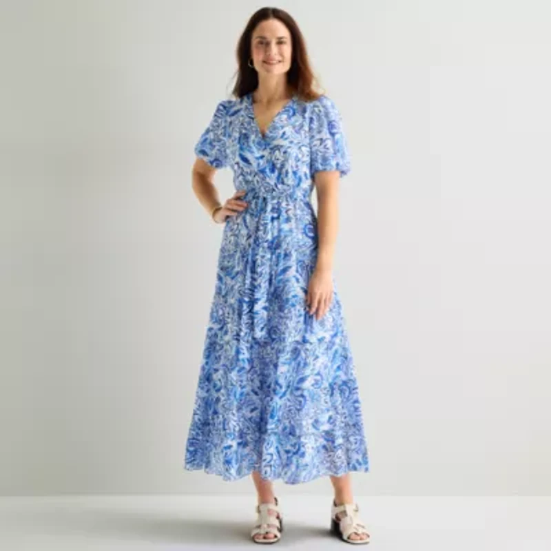 MSK Womens V Neck Short Sleeve Puffed Maxi Dress