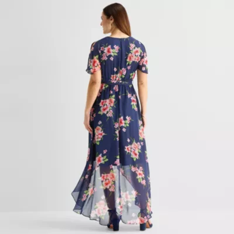 Jessica Howard Womens Short Sleeve Floral High-Low Maxi Dress