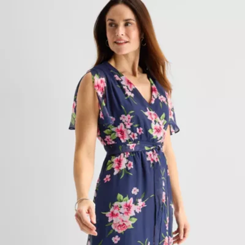 Jessica Howard Womens Short Sleeve Floral High-Low Maxi Dress