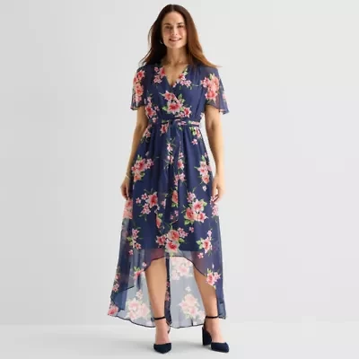 Jessica Howard Womens Short Sleeve Floral High-Low Maxi Dress