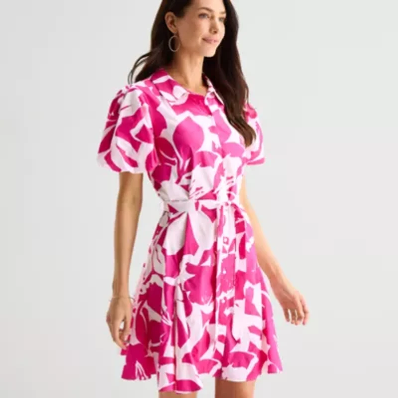 MSK Womens Short Sleeve Floral Fit + Flare Dress
