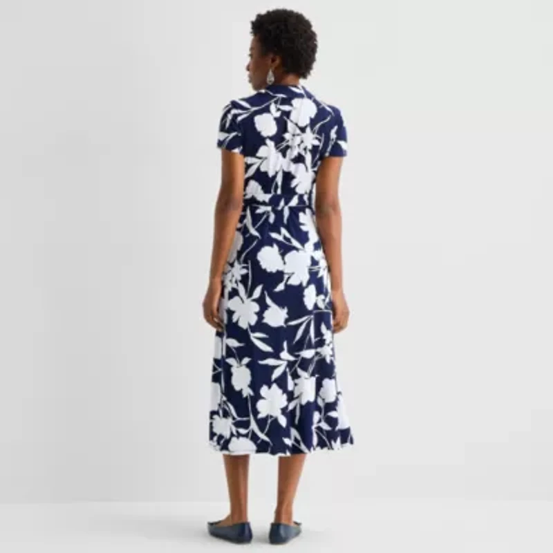 MSK Womens Short Sleeve Floral Midi Fit + Flare Dress