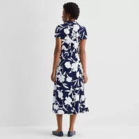 MSK Womens Short Sleeve Floral Midi Fit + Flare Dress