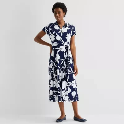 MSK Womens Short Sleeve Floral Midi Fit + Flare Dress