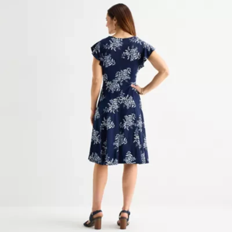 Jessica Howard Womens Short Sleeve Floral Midi Fit + Flare Dress