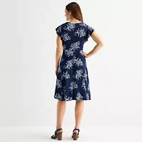 Jessica Howard Womens Short Sleeve Floral Midi Fit + Flare Dress