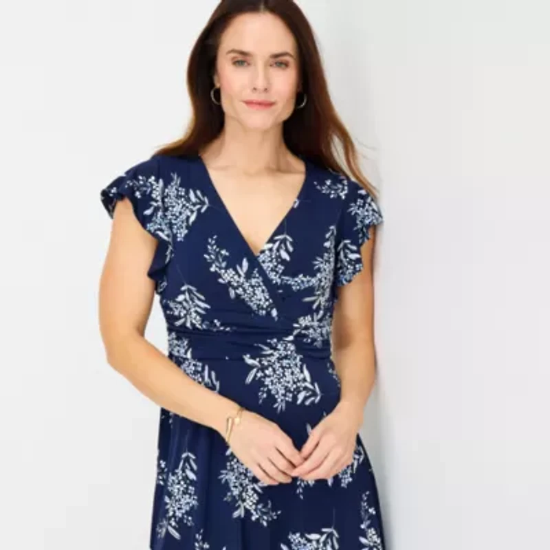Jessica Howard Womens Short Sleeve Floral Midi Fit + Flare Dress