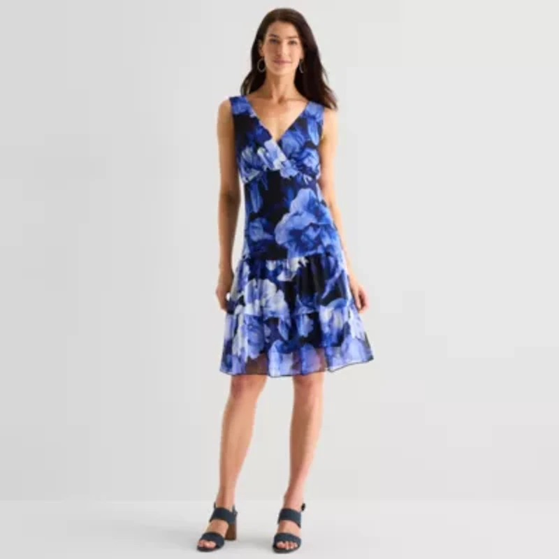 Connected Apparel Womens Sleeveless Floral Fit + Flare Dress