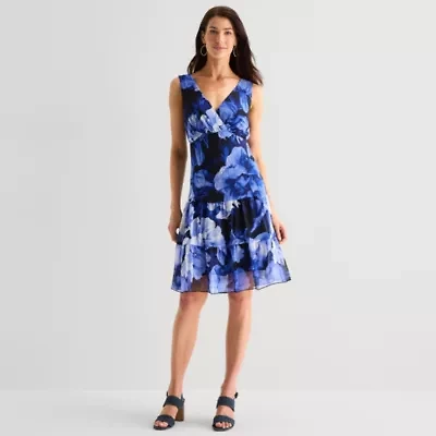Connected Apparel Womens Sleeveless Floral Fit + Flare Dress