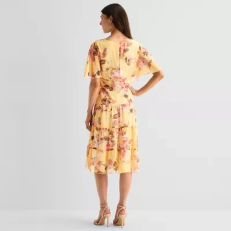 Connected Apparel Womens Short Sleeve Floral Fit + Flare Dress