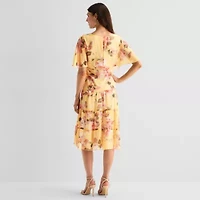 Connected Apparel Womens Short Sleeve Floral Fit + Flare Dress
