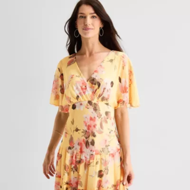 Connected Apparel Womens Short Sleeve Floral Fit + Flare Dress