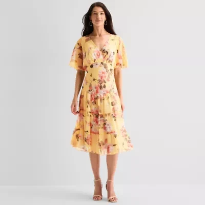 Connected Apparel Womens Short Sleeve Floral Fit + Flare Dress