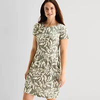 Connected Apparel Womens Short Sleeve Floral Fit + Flare Dress