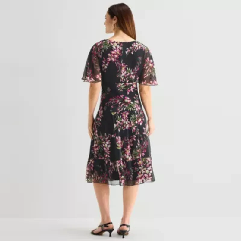 Connected Apparel Womens V Neck Short Sleeve Flutter Floral Fit + Flare Dress
