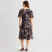 Connected Apparel Womens V Neck Short Sleeve Flutter Floral Fit + Flare Dress