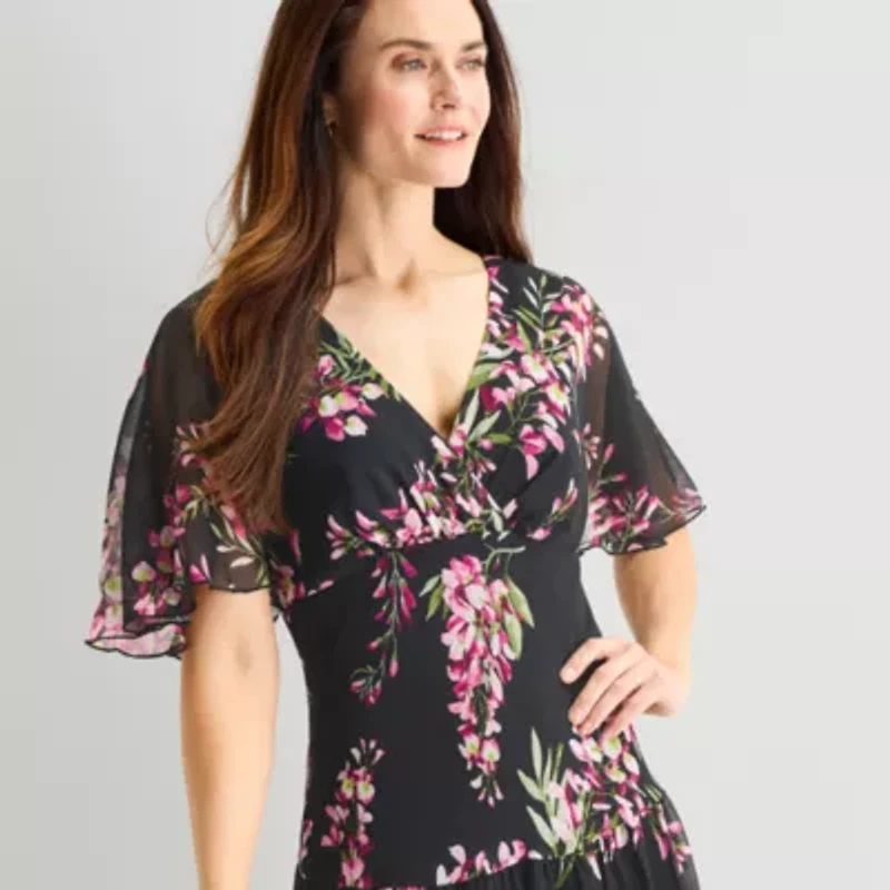 Connected Apparel Womens V Neck Short Sleeve Flutter Floral Fit + Flare Dress