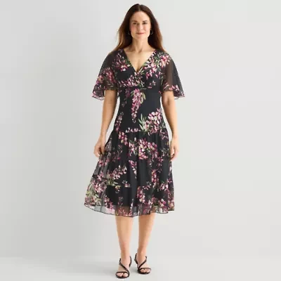 Connected Apparel Womens V Neck Short Sleeve Flutter Floral Fit + Flare Dress