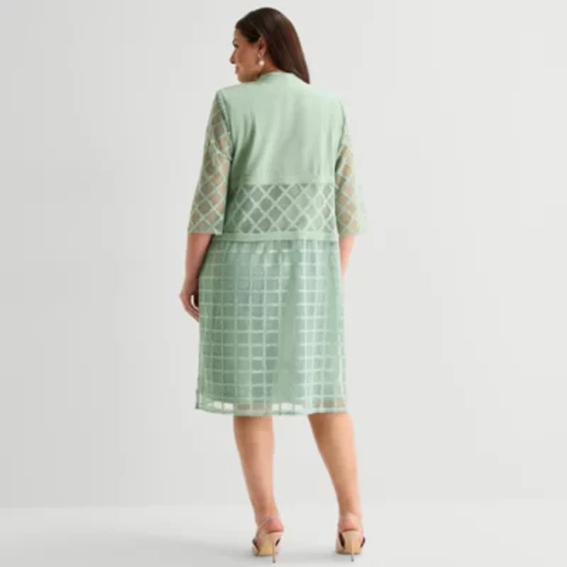 Maya Brooke Womens Plus Windowpane Midi Jacket Dress
