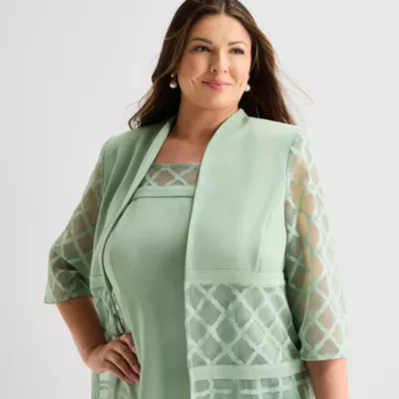 Maya Brooke Womens Plus Windowpane Midi Jacket Dress