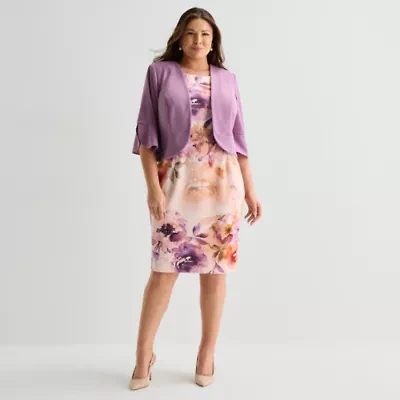 Maya Brooke Womens Plus Floral Midi Jacket Dress