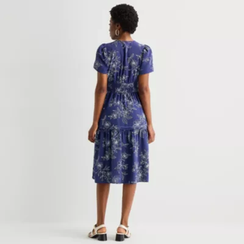 Robbie Bee Womens Petite Short Sleeve Floral Midi Fit + Flare Dress