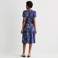 Robbie Bee Womens Petite Short Sleeve Floral Midi Fit + Flare Dress
