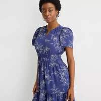 Robbie Bee Womens Petite Short Sleeve Floral Midi Fit + Flare Dress