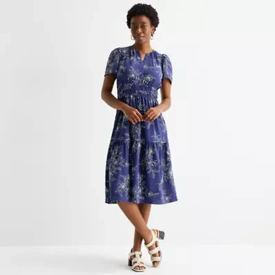 Robbie Bee Womens Petite Short Sleeve Floral Midi Fit + Flare Dress