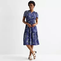 Robbie Bee Womens Petite Short Sleeve Floral Midi Fit + Flare Dress