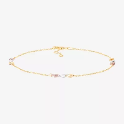 Womens 10K Tri-Color Gold 10 Inch Hollow Cable Ankle Bracelet