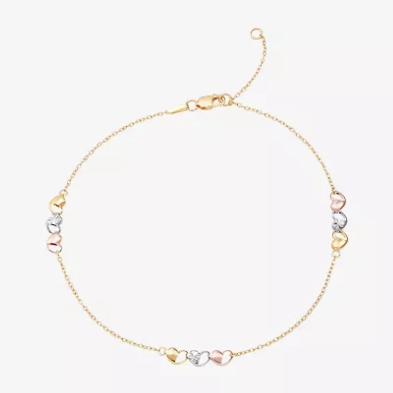 Womens 10K Tri-Color Gold 10 Inch Hollow Cable Ankle Bracelet