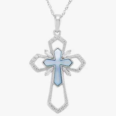 Cross Womens White Cubic Zirconia Sterling Silver Cross 18 Inch Pendant Necklace