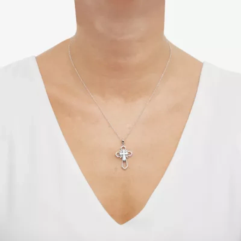 Cross Womens White Cubic Zirconia Sterling Silver Cross 18 Inch Pendant Necklace