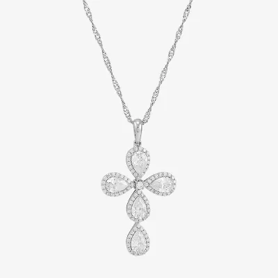 Cross Womens White Cubic Zirconia Sterling Silver Cross 18 Inch Pendant Necklace