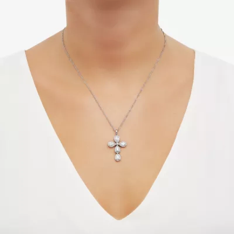 Cross Womens White Cubic Zirconia Sterling Silver Cross 18 Inch Pendant Necklace