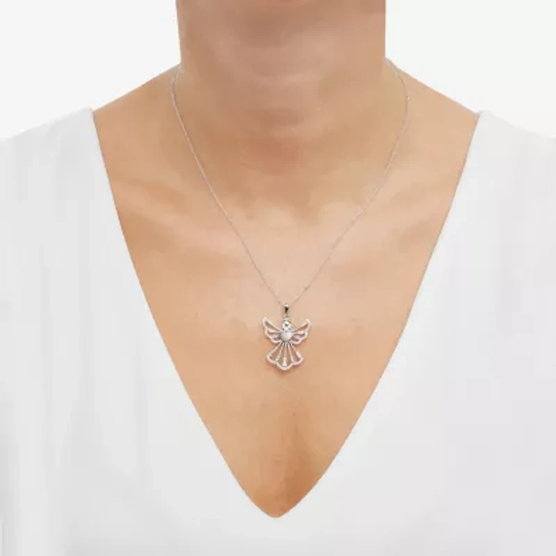 Womens White Cubic Zirconia Sterling Silver Angel 18 Inch Pendant Necklace