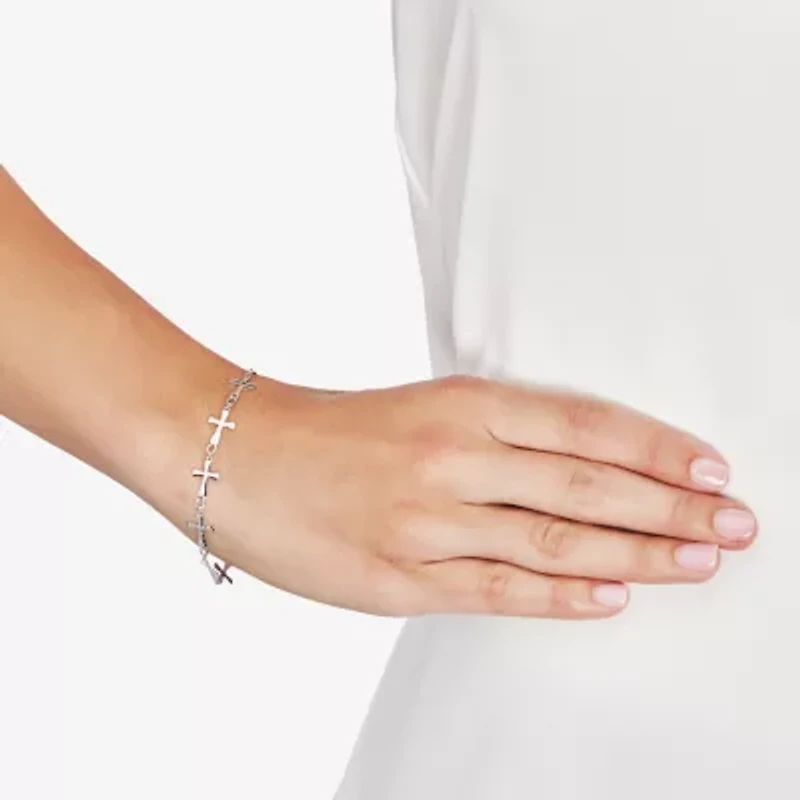 Cross Womens Sterling Silver 7.5 Inch Solid Link Cross Chain Bracelet