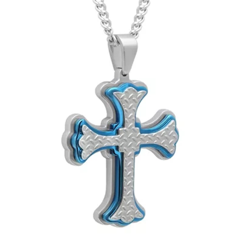 Mens Two Tone Stainless Steel Cross Pendant