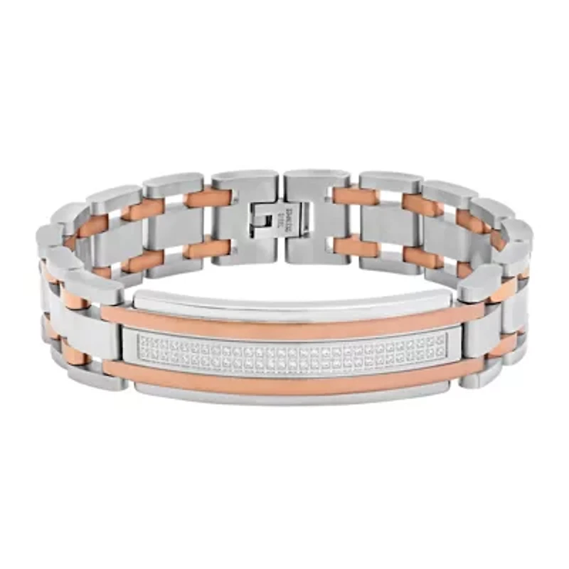 Mens Cubic Zirconia Two Tone Stainless Steel ID Bracelet